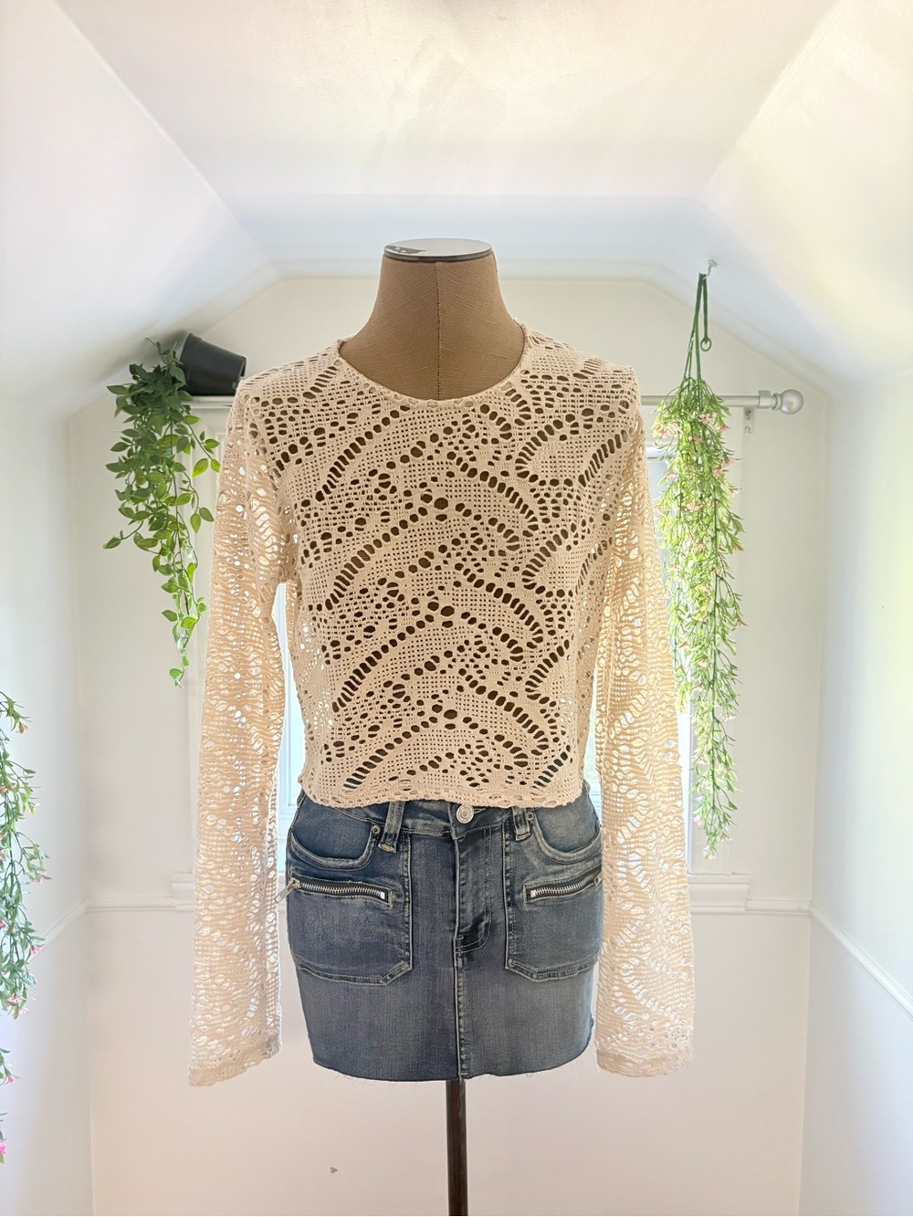Openwork Long-Sleeve Top - Cream